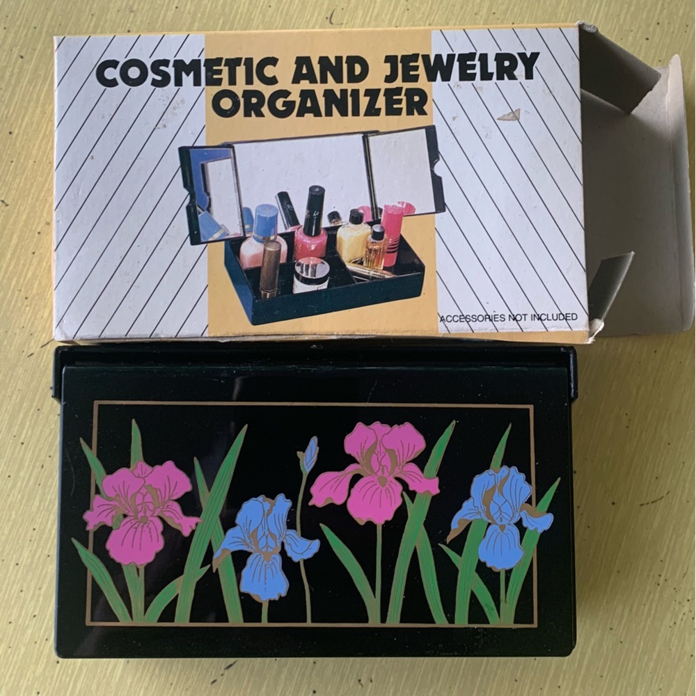 Vintage 80s Cosmetic and Jewelry Organizer Black Floral Design in Box